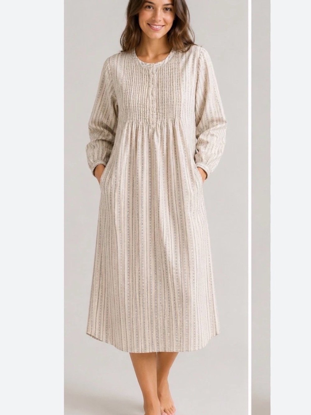 Vintage LL Bean M pleated front grandmacore cream-red long sleeve maxi nightgown